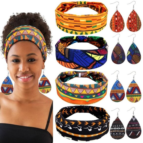 African Boho Print Headband Set Faux Leather Earrings for Women Bright Pattern